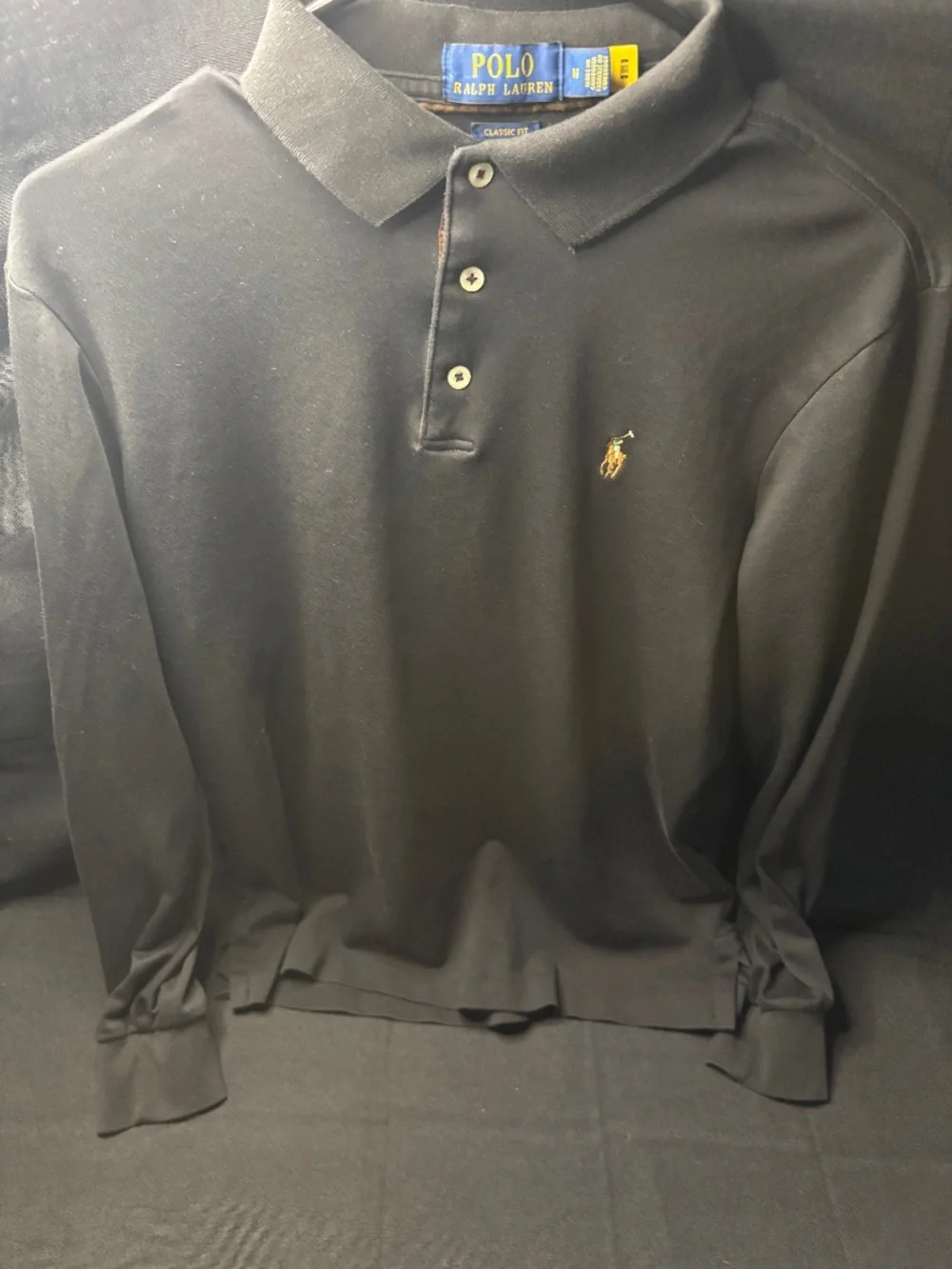 Polo Ralph Lauren Mens Medium Black Polo Shirt Multi Color Pony Long Sleeve.